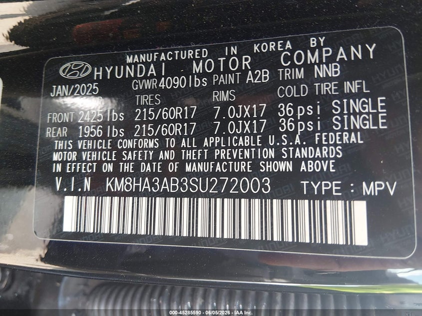 2025 Hyundai Kona VIN KM8HA3AB3SU272003 IAAI salvage auction — RIGHT SIDE, Salvage Title, sold $8,225 on 2026-07-14 (photo 9)