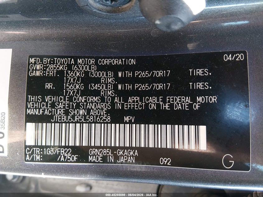 2020 Toyota 4runner VIN JTEBU5JR5L5816258 IAAI salvage auction — SIDE, Salvage Title, sold $8,900 on 2026-07-30 (photo 9)