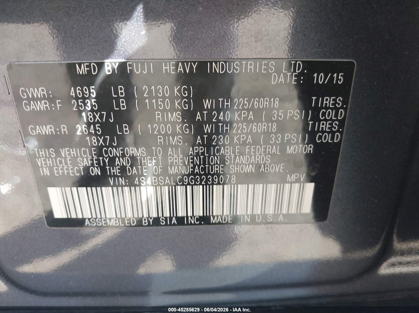 2016 Subaru Outback VIN 4S4BSALC9G3239078 IAAI salvage auction — FRONT END, Salvage (Pennsylvania), sold $2,650 on 2026-07-25 (photo 9)