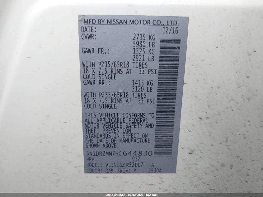2017 Nissan Pathfinder VIN 5N1DR2MM7HC644830 IAAI salvage auction — LEFT FRONT, Salvage Title, sold $1,400 on 2026-08-23 (photo 9)