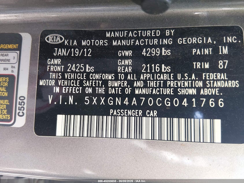 2012 Kia Optima VIN 5XXGN4A70CG041766 IAAI salvage auction — FRONT END, Salvage Title, sold $475 on 2026-07-10 (photo 9)