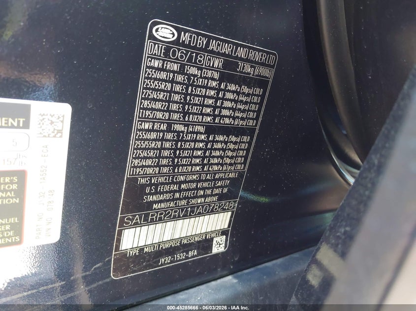 2018 Land rover Discovery VIN SALRR2RV1JA078248 IAAI salvage auction — REAR END, Salvage Title, sold $6,450 on 2026-07-06 (photo 9)