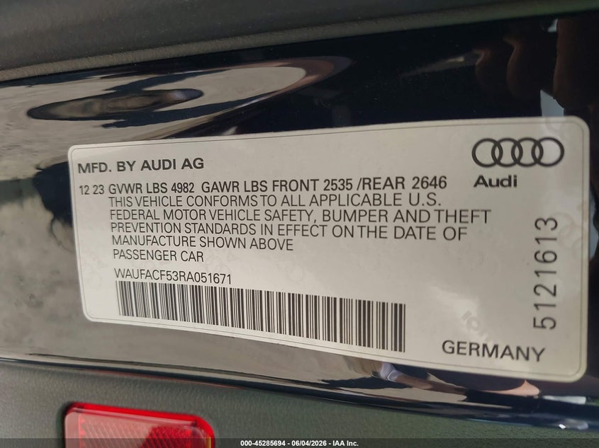 2024 Audi A5 VIN WAUFACF53RA051671 IAAI salvage auction — FRONT END, Salvage - 75% Or Less (Maryland), sold $11,800 on 2026-08-01 (photo 9)