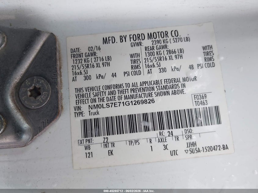 2016 Ford Transit VIN NM0LS7E71G1269826 IAAI salvage auction — NORMAL WEAR, Salvage Title, sold $1,250 on 2026-07-28 (photo 9)
