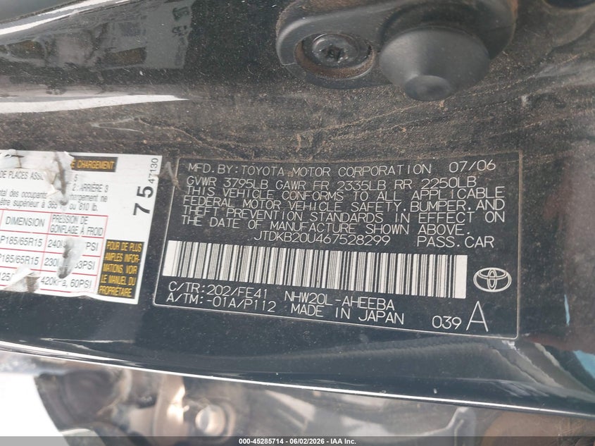 2006 Toyota Prius VIN JTDKB20U467528299 IAAI salvage auction — NORMAL WEAR, Salvage (Texas), sold $400 on 2026-07-23 (photo 9)