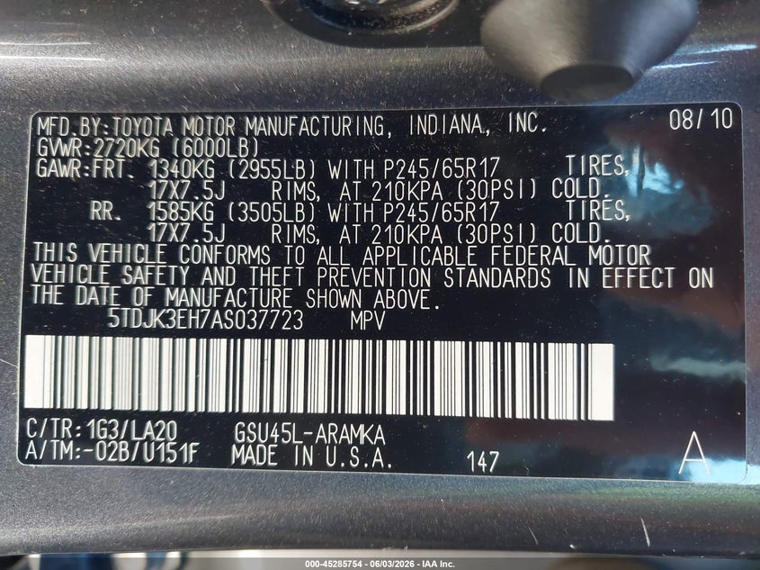 2010 Toyota Highlander VIN 5TDJK3EH7AS037723 IAAI salvage auction — FRONT END, Salvage (Ohio), sold $2,450 on 2026-07-29 (photo 9)