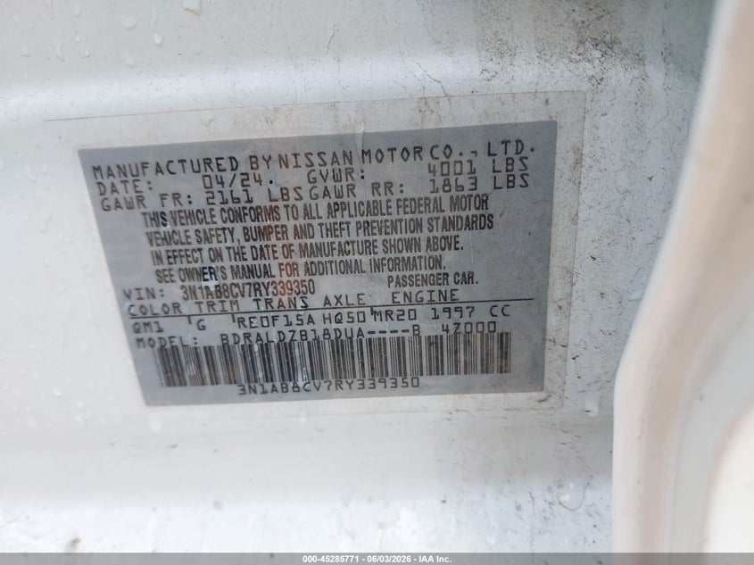 2024 Nissan Sentra VIN 3N1AB8CV7RY339350 IAAI salvage auction — FRONT END, Original (Texas), sold $1,850 on 2026-07-12 (photo 9)