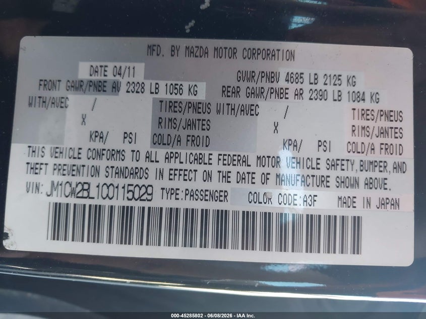 2012 Mazda 5 VIN JM1CW2BL1C0115029 IAAI salvage auction — NORMAL WEAR, Clear (New York), sold $425 on 2026-07-30 (photo 9)