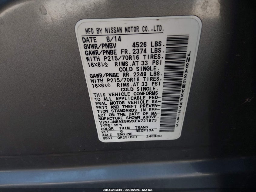 2014 Nissan Rogue VIN JN8AS5MVXEW721873 IAAI salvage auction — FRONT END, Salvage Title, sold $650 on 2026-07-22 (photo 9)