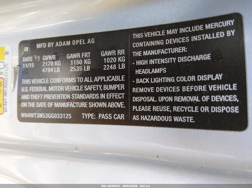 2016 Buick Cascada VIN W04WT3N53GG033125 IAAI salvage auction — WATER/FLOOD, Salvage Title, sold $2,700 on 2026-07-09 (photo 9)