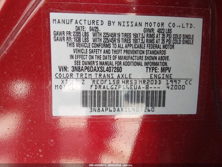 2025 Nissan Kicks VIN 3N8AP6DAXSL407260 IAAI salvage auction — REAR END, Salvage Title, sold $8,150 on 2026-07-17 (photo 9)