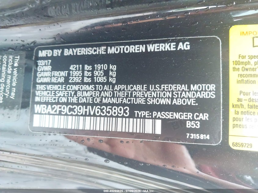 2017 BMW 2er VIN WBA2F9C39HV635893 IAAI salvage auction — FRAME DAMAGE, Salvage (Massachusetts), sold $3,400 on 2026-07-28 (photo 9)