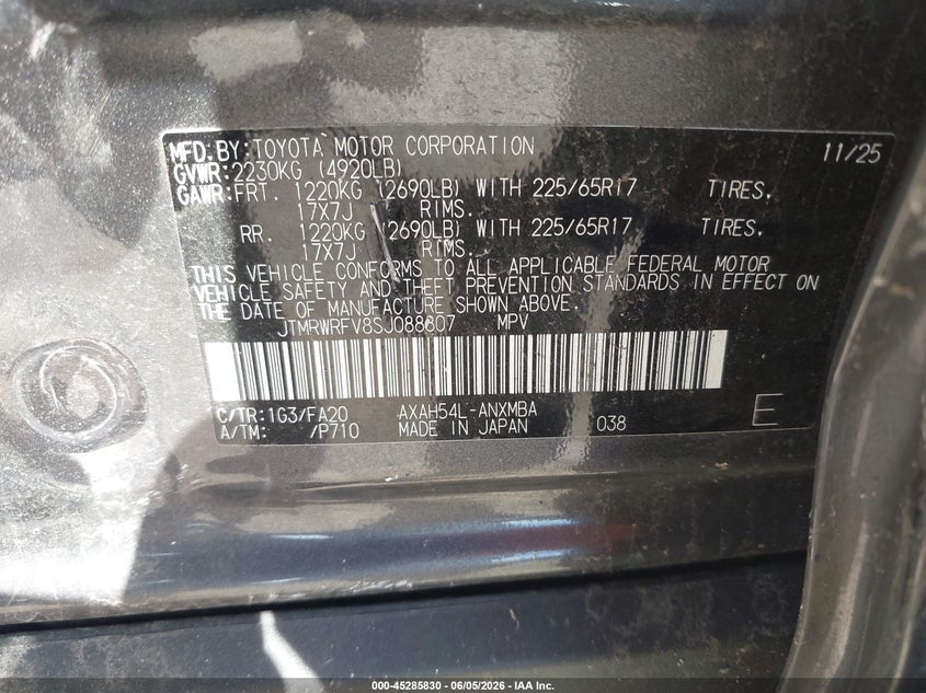 2025 Toyota Rav 4 VIN JTMRWRFV8SJ088807 IAAI salvage auction — LEFT SIDE, Salvage Title, sold $14,000 on 2026-07-28 (photo 9)