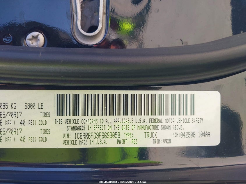 2015 Ram 1500 VIN 1C6RR6FG9FS693059 IAAI salvage auction — MECHANICAL, Salvage (California), sold $1,000 on 2026-08-03 (photo 9)