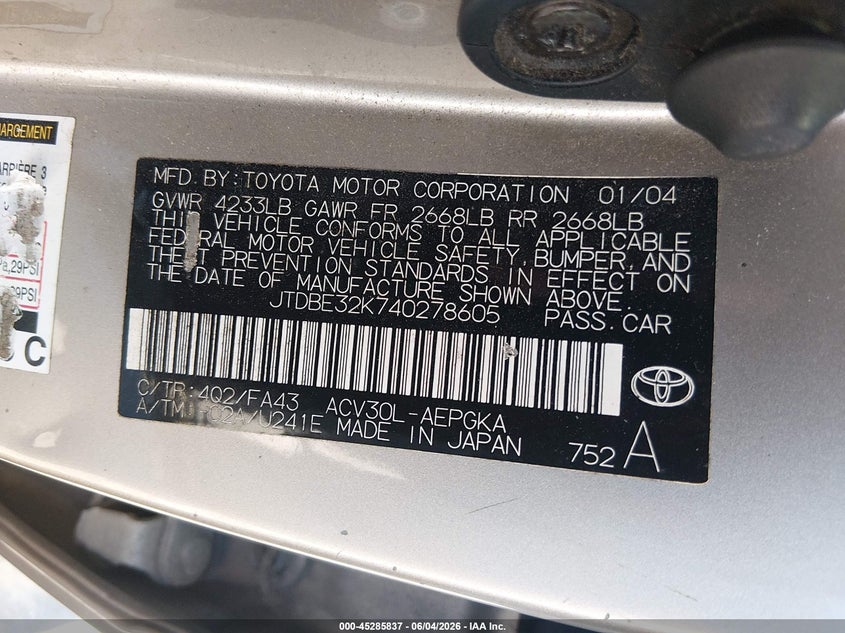 2004 Toyota Camry VIN JTDBE32K740278605 IAAI salvage auction — NORMAL WEAR, Clear (North Carolina), sold $125 on 2026-07-08 (photo 9)
