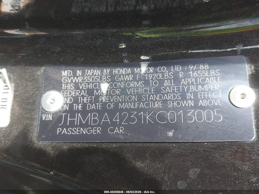 1989 Honda Prelude VIN JHMBA4231KC013005 IAAI salvage auction — FRONT & REAR, Salvage (California), sold $225 on 2026-07-14 (photo 9)