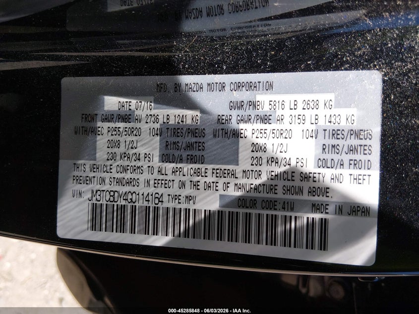 2016 Mazda Cx-9 VIN JM3TCBDY4G0114164 IAAI salvage auction — FRONT END, Salvage Title, sold $5,000 on 2026-07-07 (photo 9)