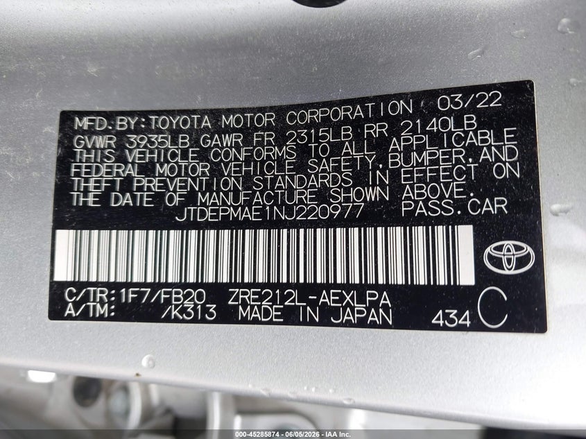 2022 Toyota Corolla VIN JTDEPMAE1NJ220977 IAAI salvage auction — LEFT FRONT, Salvage Title, sold $6,000 on 2026-07-16 (photo 9)