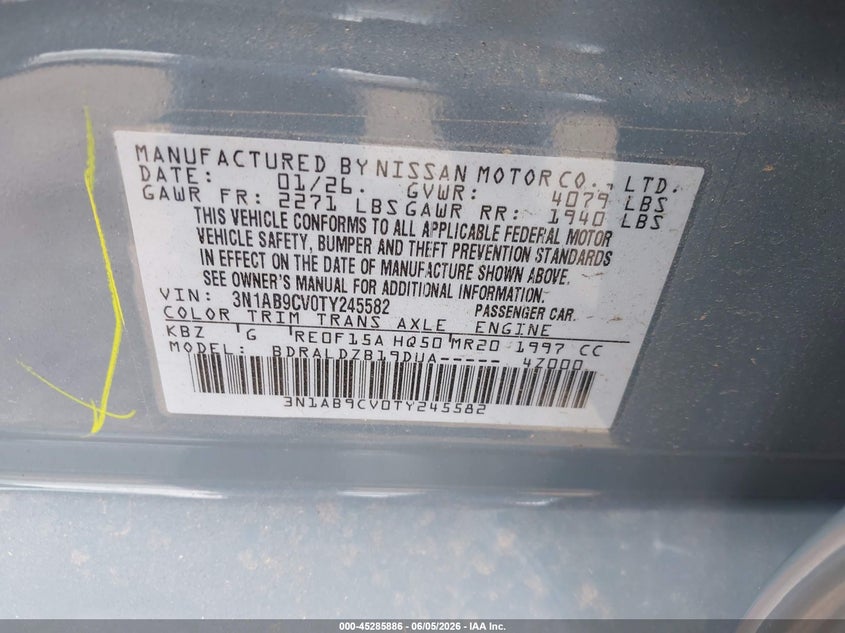 2026 Nissan Sentra VIN 3N1AB9CV0TY245582 IAAI salvage auction — SIDE, Salvage Title, sold $8,700 on 2026-08-31 (photo 9)