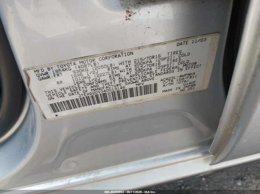 2004 Toyota Rav 4 VIN JTEHD20V340013146 IAAI salvage auction — ELECTRICAL, Clear (Massachusetts), sold $400 on 2026-07-14 (photo 9)