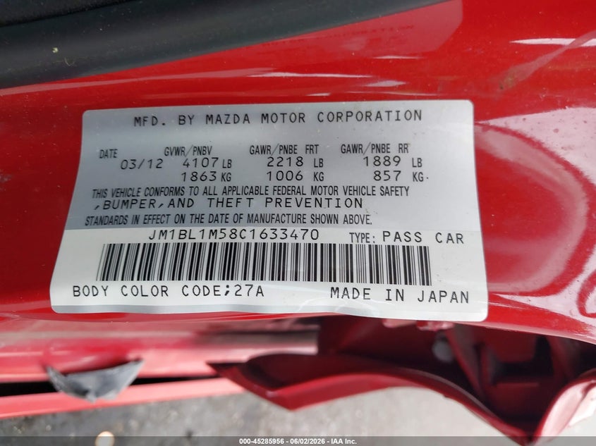 2012 Mazda 3 VIN JM1BL1M58C1633470 IAAI salvage auction — LEFT SIDE, Salvage Title, sold $825 on 2026-07-06 (photo 9)