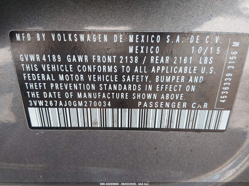 2016 Volkswagen Jetta VIN 3VW267AJ0GM270034 IAAI salvage auction — FRONT END, Salvage - Greater Than 75% (Maryland), sold $750 on 2026-09-20 (photo 9)