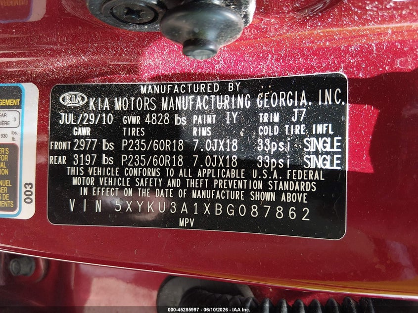 2011 Kia Sorento VIN 5XYKU3A1XBG087862 IAAI salvage auction — FRONT END, Salvage (Tennessee), sold $2,350 on 2026-07-22 (photo 9)