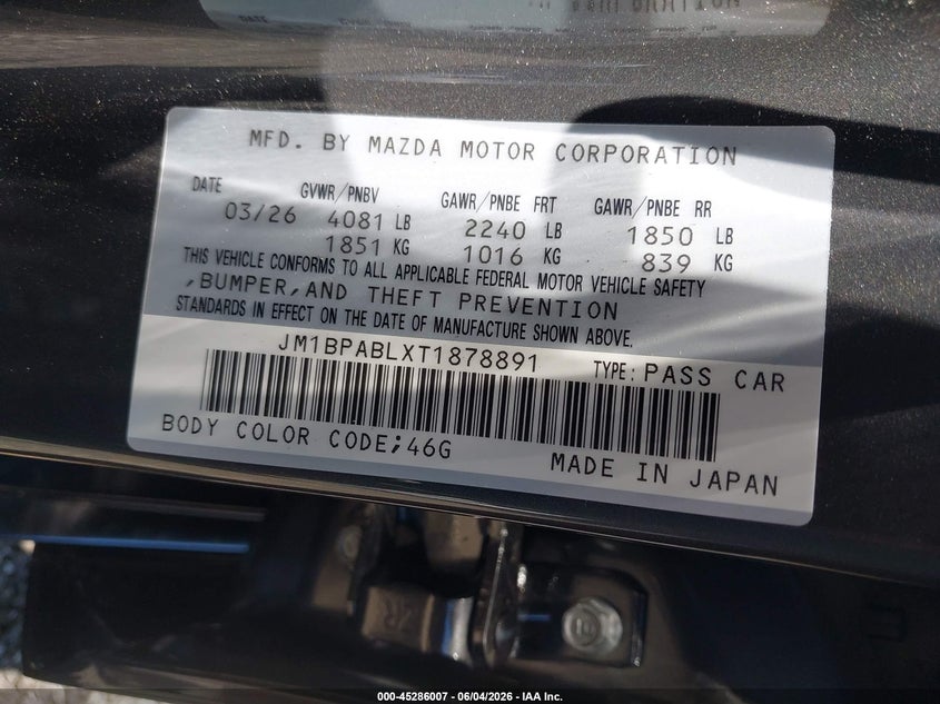 2026 Mazda 3 VIN JM1BPABLXT1878891 IAAI salvage auction — UNDERCARRIAGE, Salvage Title, sold $7,600 on 2026-07-21 (photo 9)