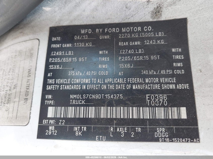 2013 Ford Transit VIN NM0LS7CN9DT154375 IAAI salvage auction — NORMAL WEAR, Salvage Title, sold $450 on 2026-07-20 (photo 9)
