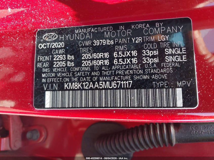 2021 Hyundai Kona VIN KM8K12AA5MU671117 IAAI salvage auction — FRONT END, Salvage Title, sold $3,300 on 2026-07-15 (photo 9)