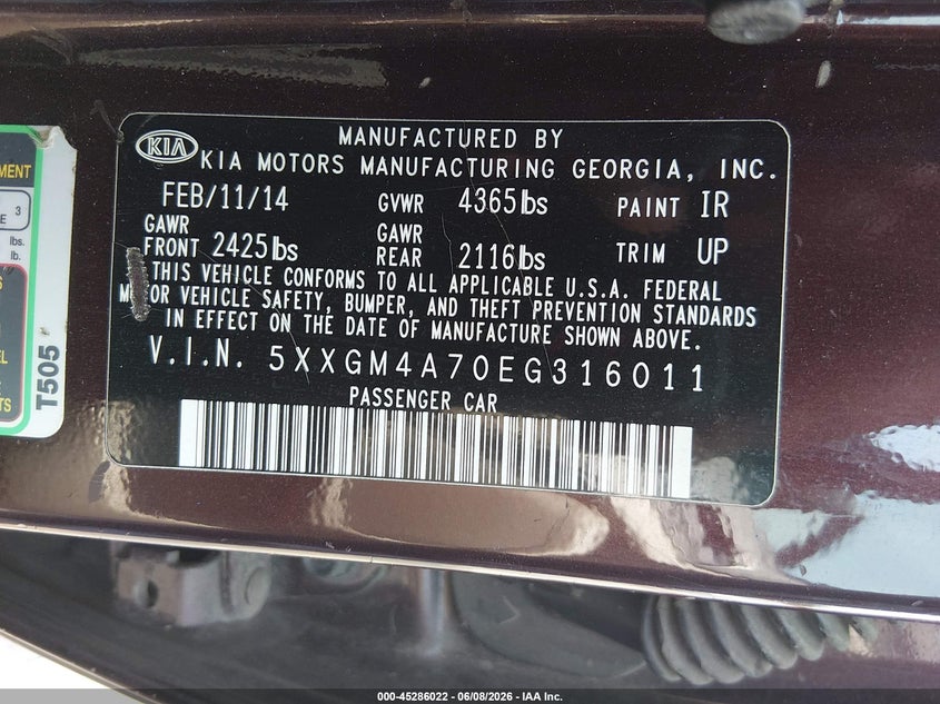 2014 Kia Optima VIN 5XXGM4A70EG316011 IAAI salvage auction — LEFT SIDE, Salvage Title, sold $550 on 2026-07-06 (photo 9)