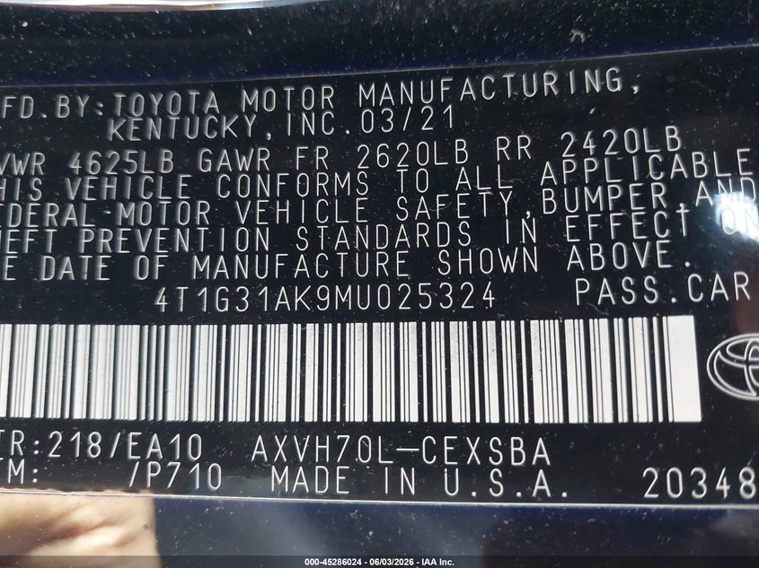 2021 Toyota Camry VIN 4T1G31AK9MU025324 IAAI salvage auction — LEFT REAR, Salvage (California), sold $7,900 on 2026-08-02 (photo 9)