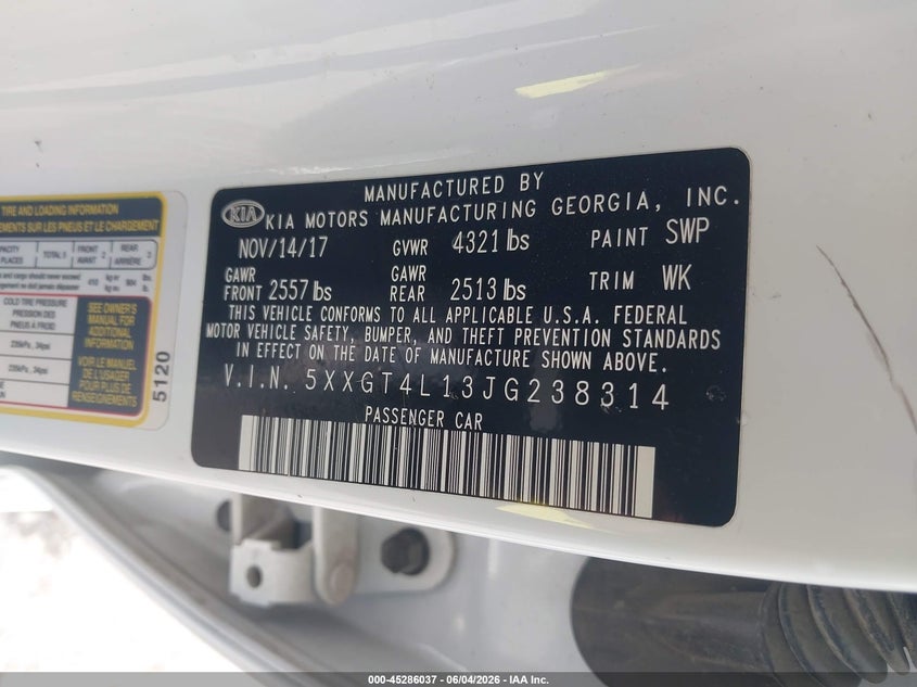 2018 Kia Optima VIN 5XXGT4L13JG238314 IAAI salvage auction — LEFT FRONT, Salvage Title, sold $25 on 2026-07-21 (photo 9)
