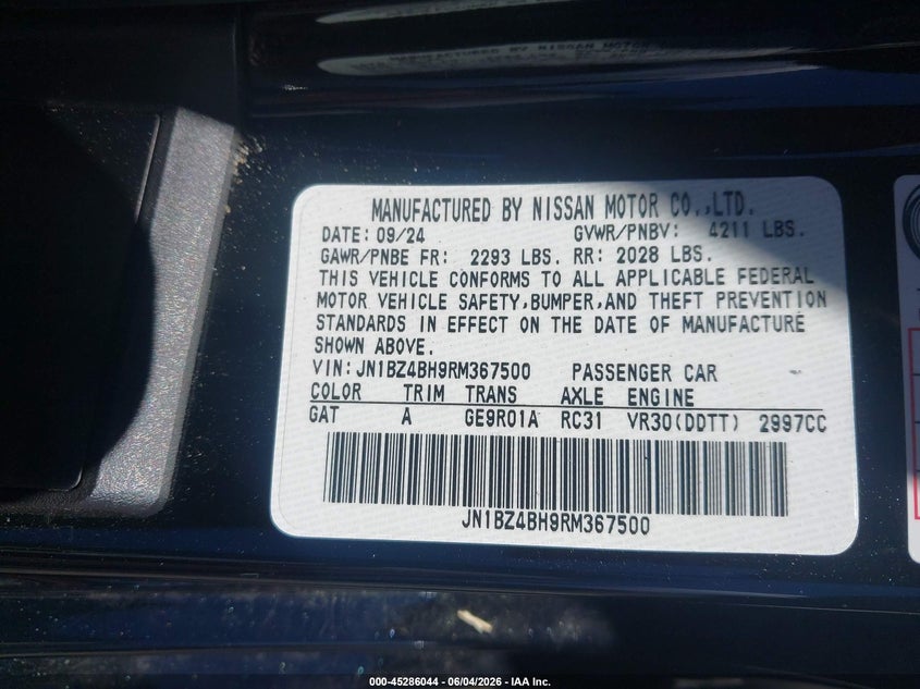 2024 Nissan Z VIN JN1BZ4BH9RM367500 IAAI salvage auction — RIGHT SIDE, Salvage Title, sold $8,200 on 2026-07-22 (photo 9)