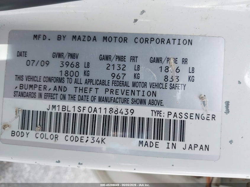 2010 Mazda 3 VIN JM1BL1SF0A1188439 IAAI salvage auction — RIGHT FRONT, Salvage (Iowa), sold $25 on 2026-07-28 (photo 9)