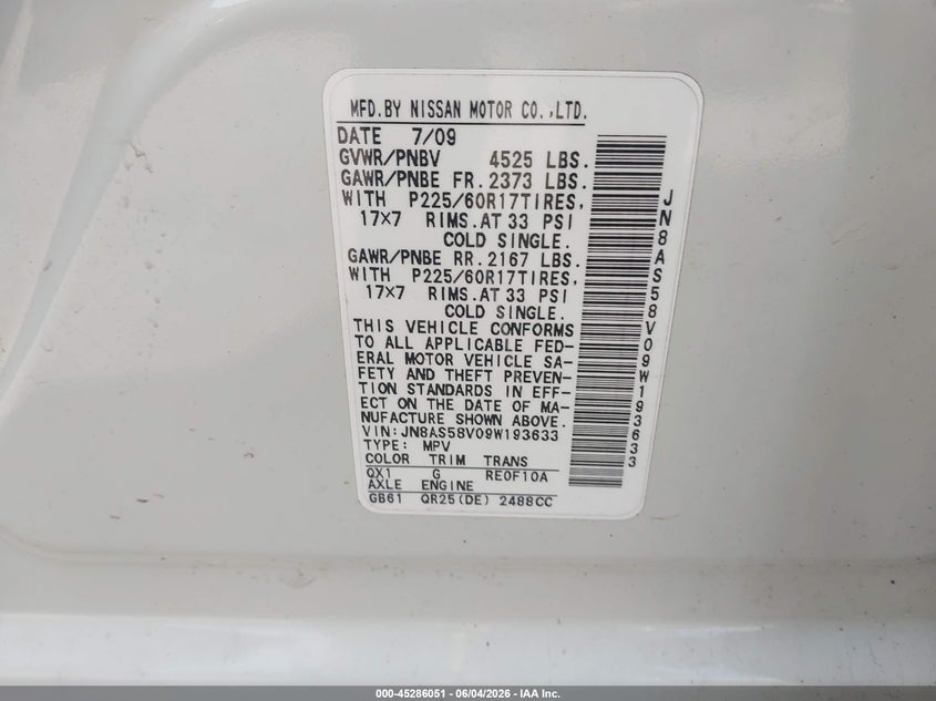 2009 Nissan Rogue VIN JN8AS58V09W193633 IAAI salvage auction — FRONT END, Salvage (Rhode Island), sold $275 on 2026-07-07 (photo 9)