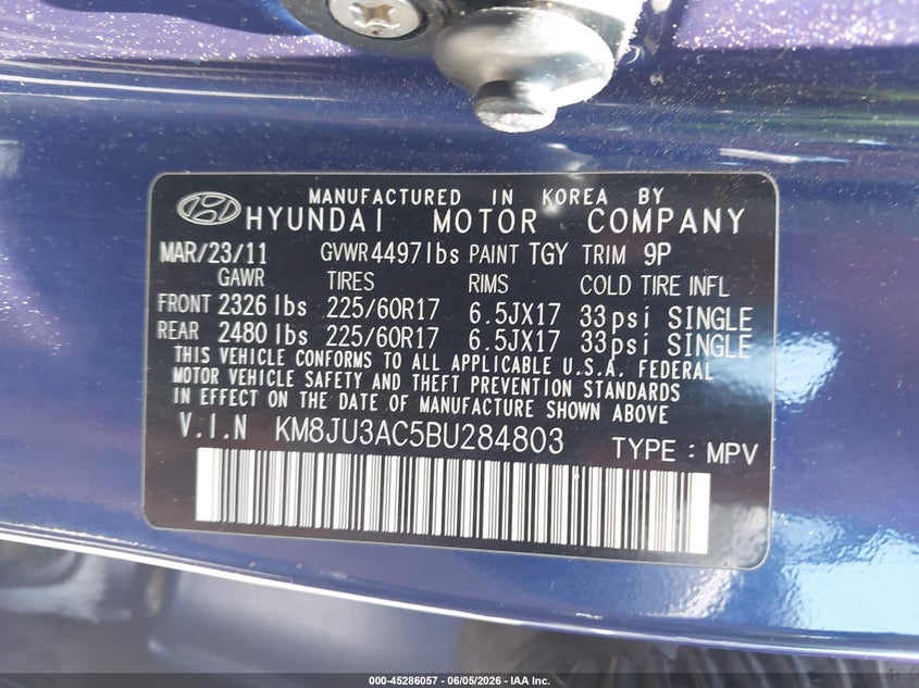 2011 Hyundai Tucson VIN KM8JU3AC5BU284803 IAAI salvage auction — LEFT FRONT, Repossession Paperwork (South Carolina), sold $1,175 on 2026-07-08 (photo 9)