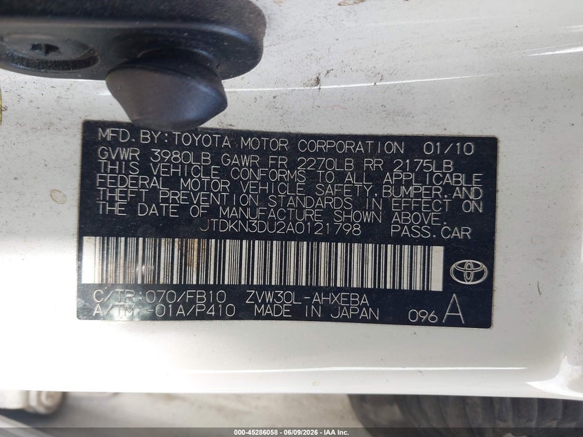 2010 Toyota Prius VIN JTDKN3DU2A0121798 IAAI salvage auction — FRONT & REAR, Salvage (Texas), sold $650 on 2026-07-15 (photo 9)