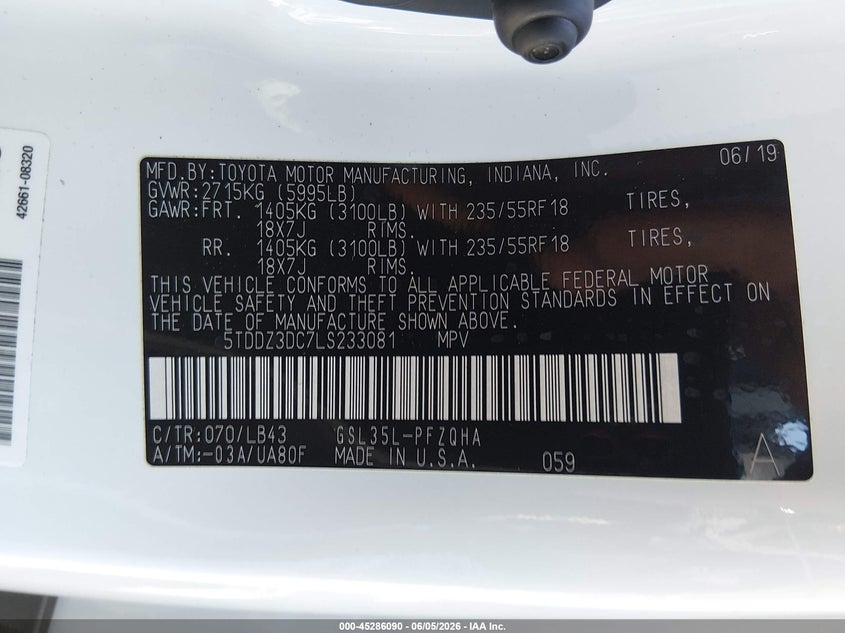 2020 Toyota Sienna VIN 5TDDZ3DC7LS233081 IAAI salvage auction — RIGHT REAR, Salvage Title, sold $12,000 on 2026-07-07 (photo 9)