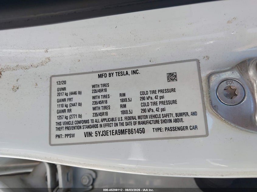 2021 Tesla Model 3 VIN 5YJ3E1EA9MF861450 IAAI salvage auction — FRONT END, Salvage (Georgia), sold $5,075 on 2026-07-30 (photo 9)