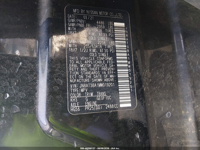 2021 Nissan Rogue VIN JN8AT3BA1MW019201 IAAI salvage auction — FRONT END, Salvage Title, sold $4,950 on 2026-07-30 (photo 9)