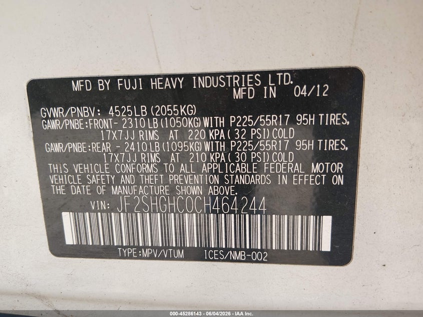 2012 Subaru Forester VIN JF2SHGHC0CH464244 IAAI salvage auction — NORMAL WEAR, Salvage Title, sold $450 on 2026-07-08 (photo 9)