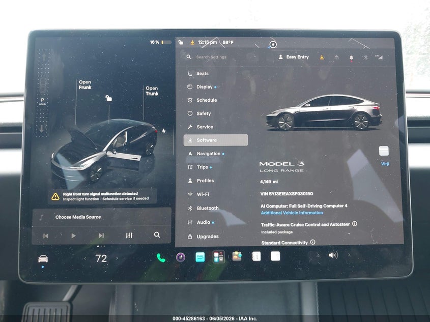 2025 Tesla Model 3 VIN 5YJ3E1EAXSF030150 IAAI salvage auction — FRONT END, Bill Of Sale (Washington), sold $11,800 on 2026-07-30 (photo 7)