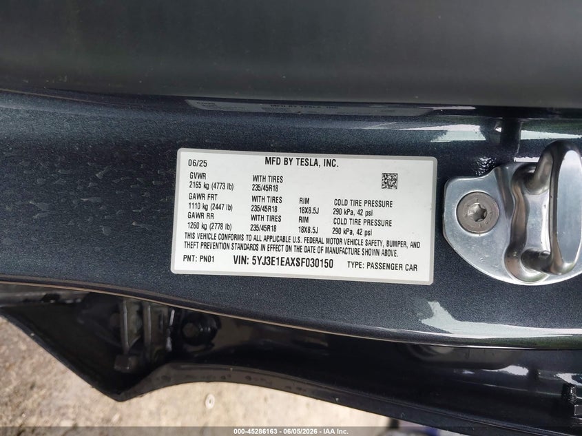 2025 Tesla Model 3 VIN 5YJ3E1EAXSF030150 IAAI salvage auction — FRONT END, Bill Of Sale (Washington), sold $11,800 on 2026-07-30 (photo 9)