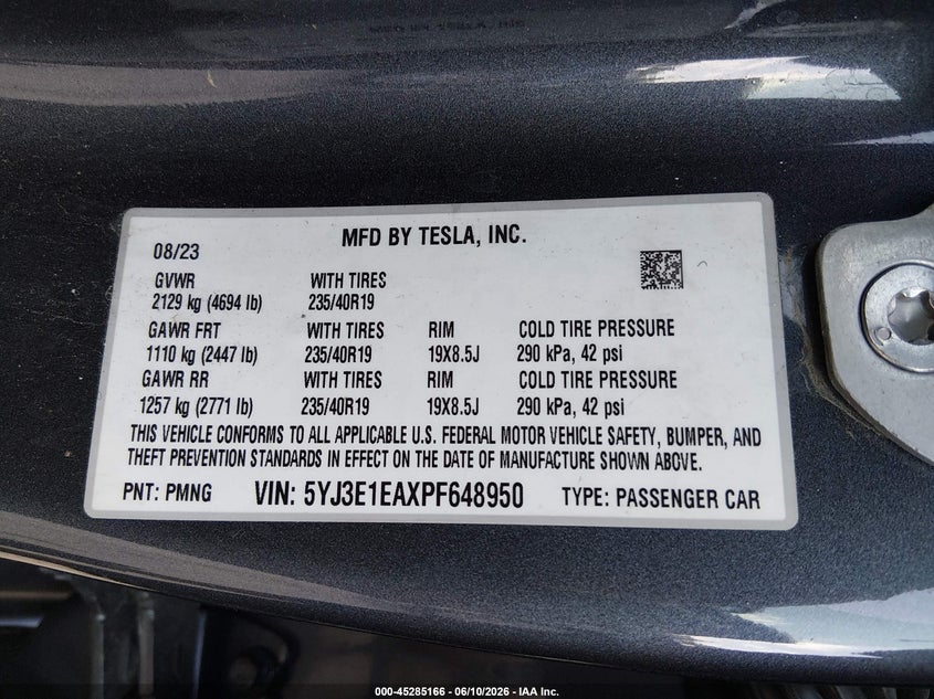 2023 Tesla Model 3 VIN 5YJ3E1EAXPF648950 IAAI salvage auction — FRONT END, Salvage Title, sold $7,450 on 2026-07-30 (photo 9)