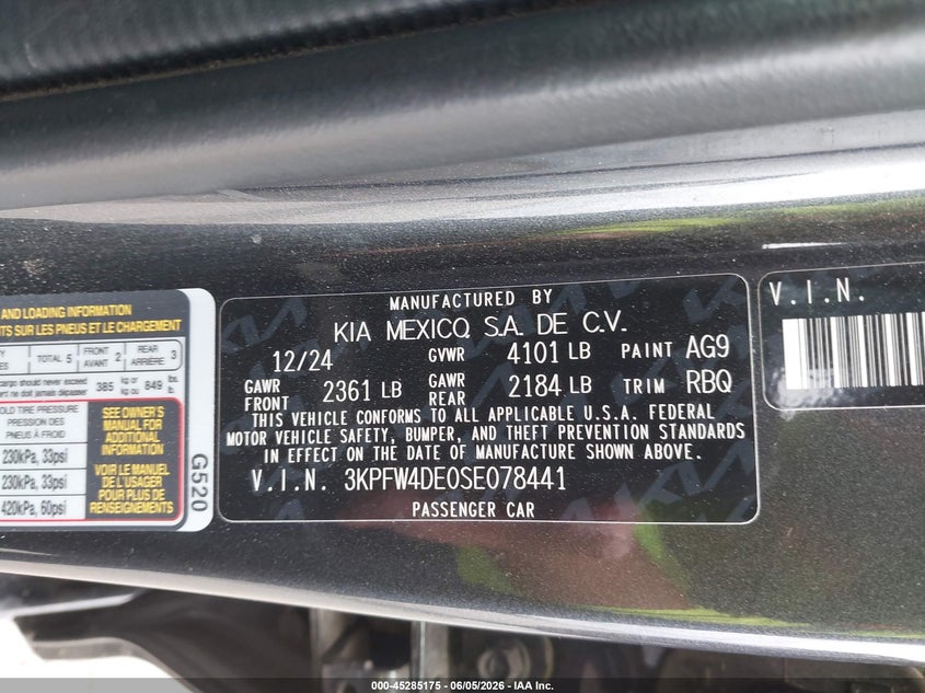 2025 Kia K4 VIN 3KPFW4DE0SE078441 IAAI salvage auction — SIDE, Salvage Title, sold $7,500 on 2026-08-20 (photo 9)