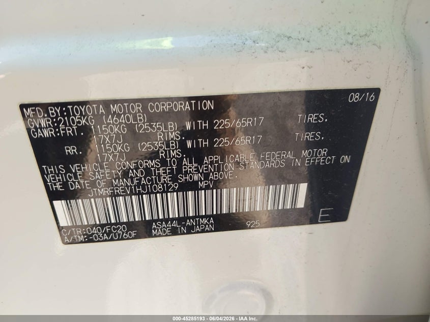 2017 Toyota Rav 4 VIN JTMRFREV1HJ108129 IAAI salvage auction — NORMAL WEAR, Salvage Title, sold $25 on 2026-07-21 (photo 9)
