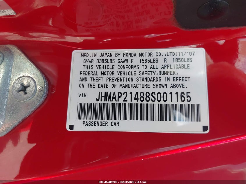 2008 Honda S2000 VIN JHMAP21488S001165 IAAI salvage auction — FRONT END, Salvage (North Carolina), sold $7,300 on 2026-07-22 (photo 9)