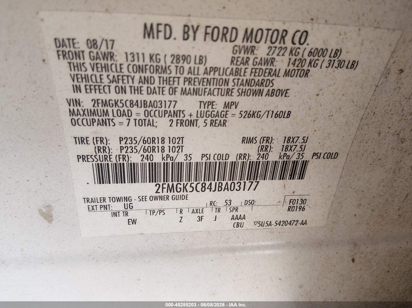 2018 Ford Flex VIN 2FMGK5C84JBA03177 IAAI salvage auction — HAIL, Salvage Title, sold $1,800 on 2026-07-09 (photo 9)