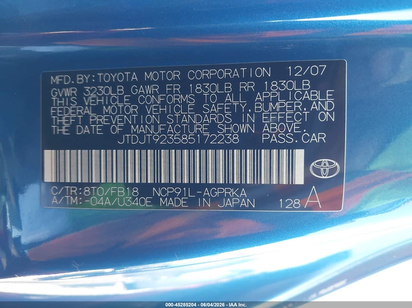 2008 Toyota Yaris VIN JTDJT923585172238 IAAI salvage auction — FRONT END, Salvage (Arizona), sold $225 on 2026-07-07 (photo 9)